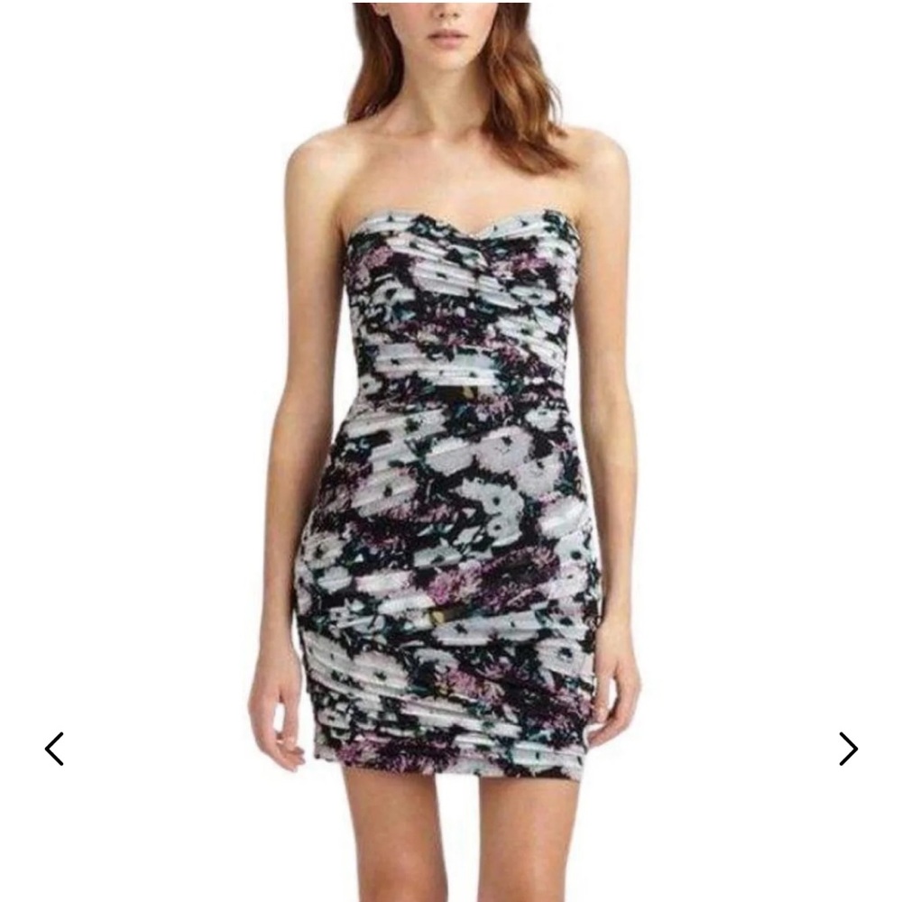 BCBGMaxAzria Strapless Ruched Bodycon Dress in Black, White, Pink & Teal - Picture 3 of 11
